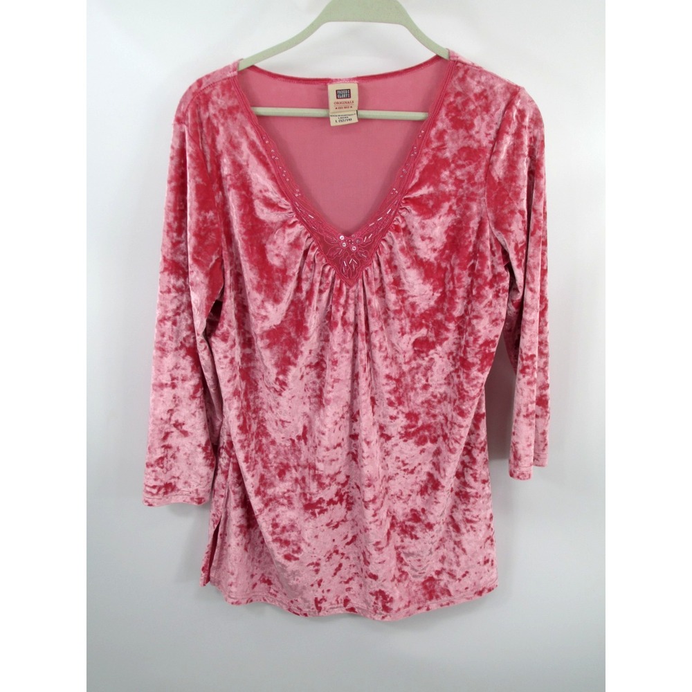 Faded Glory Pink Velvet Lace Trim Pullover Top Women L 12/14 V-Neck Y2K Retro
